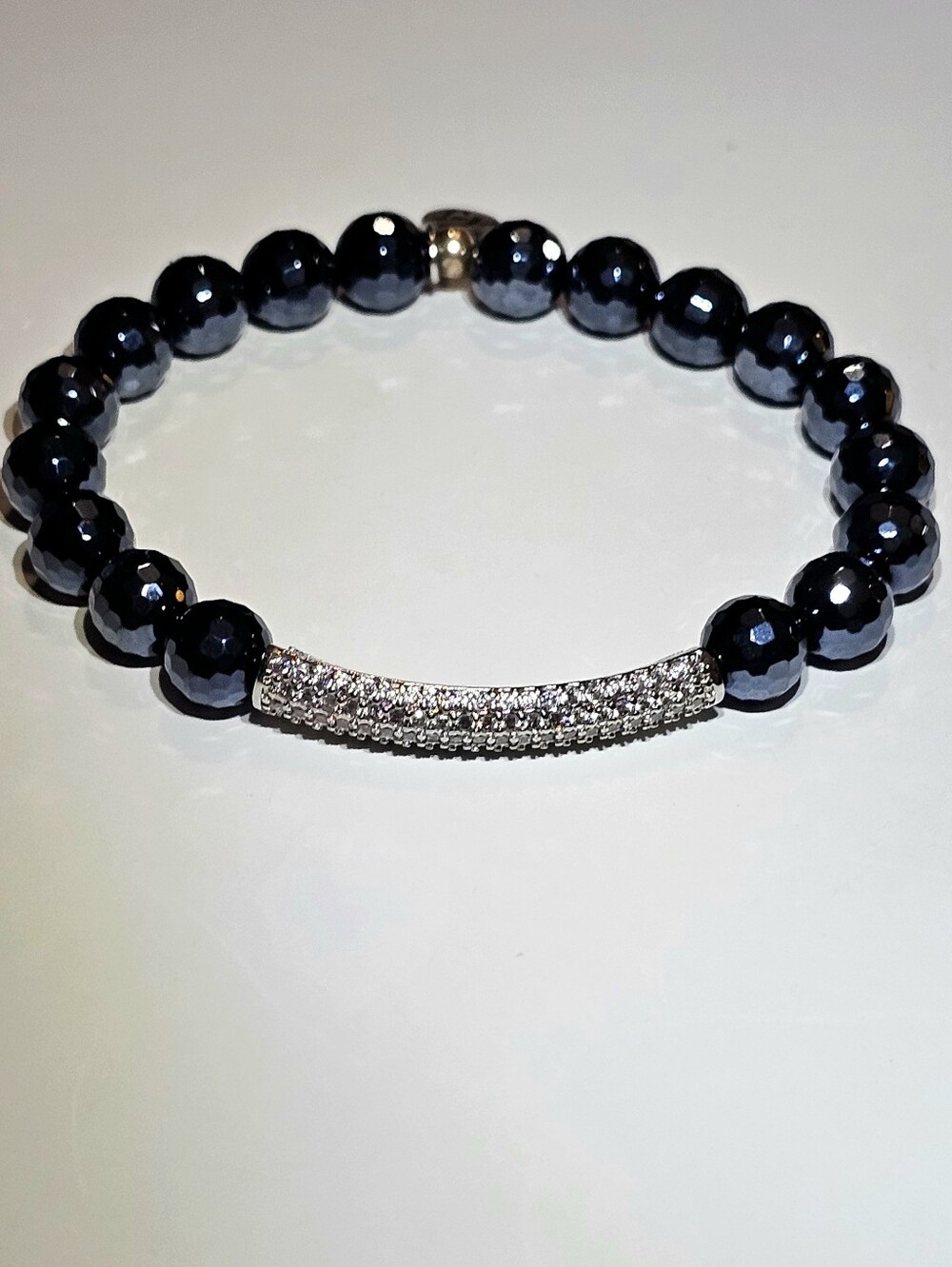 T. Jazelle Bracelet Faceted Midnight Blue Hematite Beads Pave CZ Bar